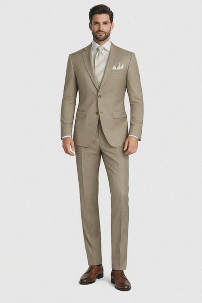 Mens 2 Button Classic Fit Pleated Pant Suit in Khaki