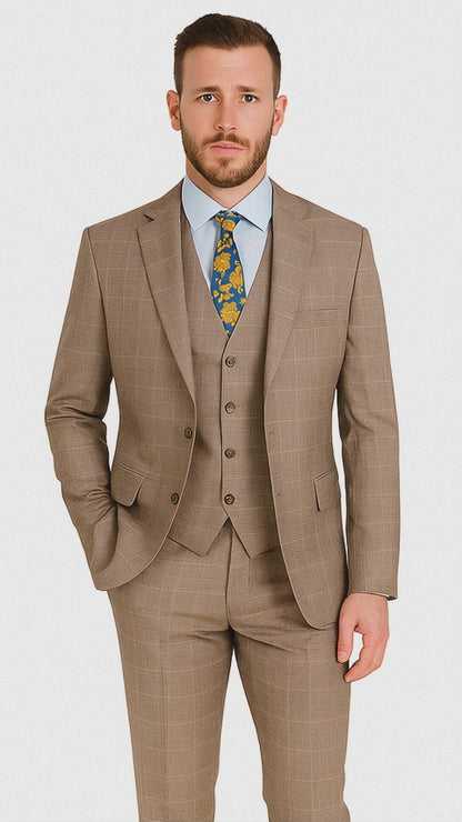 Mens 2 Button Vested Peak Lapel Plaid Suit in Tan Modern Fit