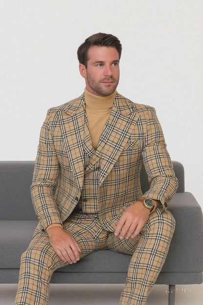 Tan Plaid Suit - Camel Khaki Tan Beige Color -  Double Breasted  Vested Mens Suit Windowpane Pattern - Modern Fit