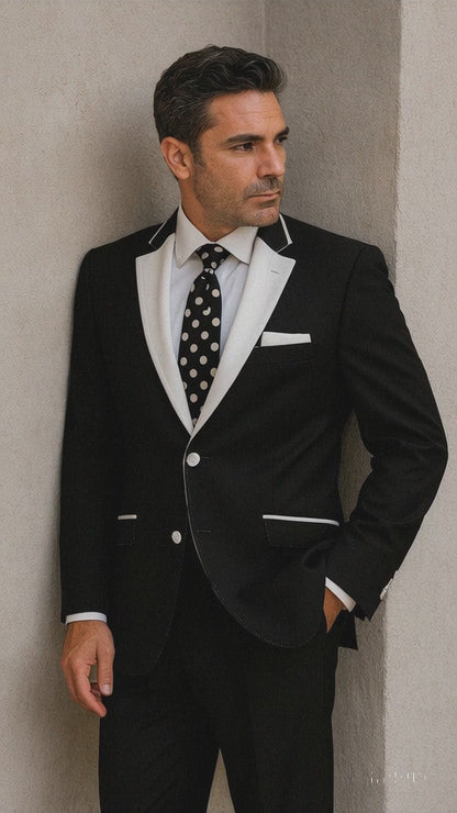 Men'S 2 Button White Peak Lapel Black Slim Fit Suit