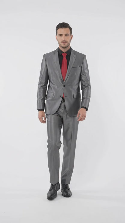 Men’s Shiny Sharkskin Charcoal Gray Suit, 2 Button Dark Grey Formal Suit with Flat Front Pants