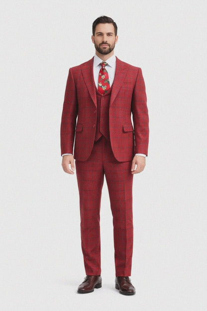 Rossiman Suits Brand - Plaid Textured Double breasted Style - Windowpane Pattern in Color Red and Blue