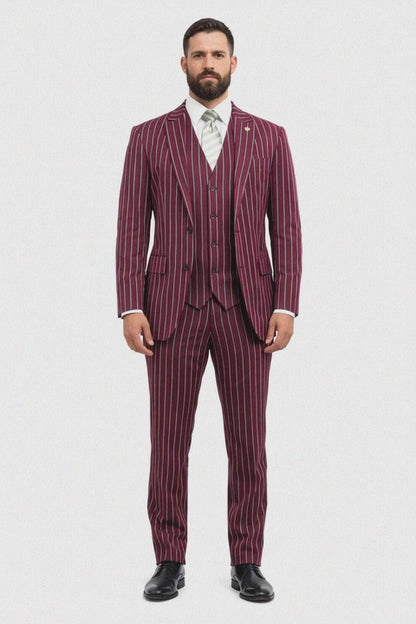 Mens 2 Button Gangster Pinstripe Suit in BLACK / GREY / BURGUNDY Modern Fit