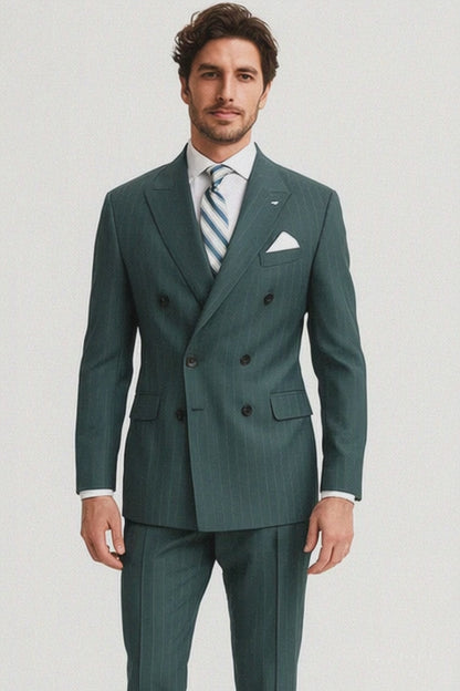 Mens "Hunter Green - Olive Green" Double Breasted Pinstripe Suit - Flat Front Pant Modern Fit