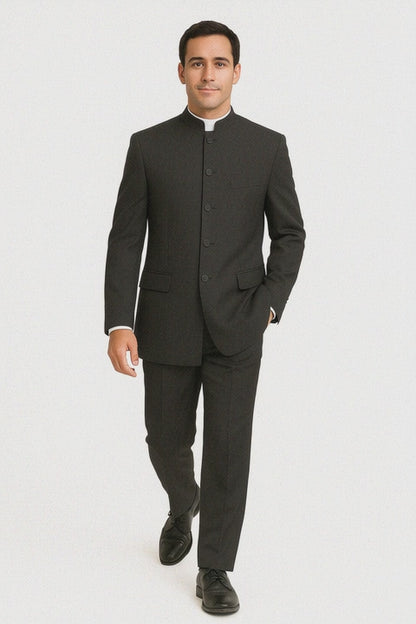 Men's Suit Mandarin Collar Black Pinstripe 5 Button Chinese Nehru Banded Collar Style Three Piece Low Priced Fashion Outfits Suits
