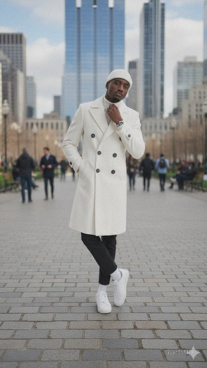 Mens Cashmere & Wool White Double Breasted Overcoat ~ Car Coat