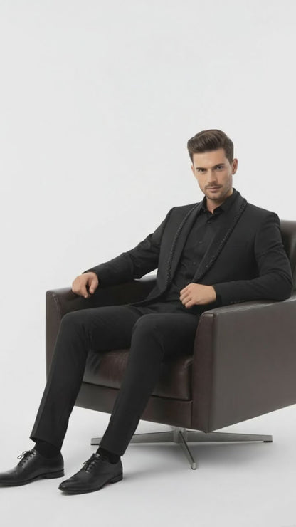 Mens Classic Black Designer Blazer with Beaded Lapel – Elegant Formal and Party Wear Dinner Jacket For Groom