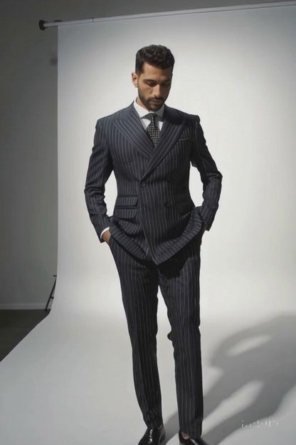 Mens Italian Wool Suit Color Charcoal Grey - Men's Designer Classic Fit Double Breasted Wool Pinstripe Charcoal Grey Suit