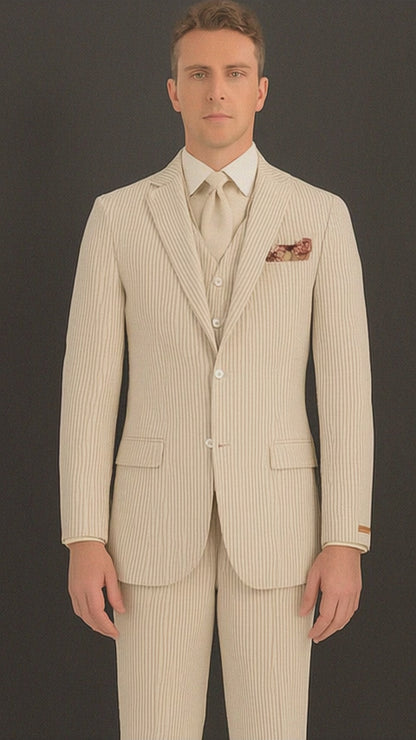 Mens Three Piece Suit - Jacket and Pants Suit Mens 3 Piece Jacket and Pants Seersucker Sear Sucker Suit - Flat Front Pants Tan ~ Beige ~ Sand