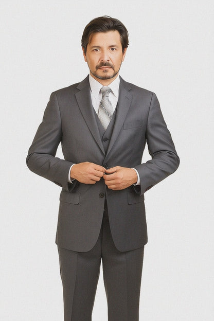 Charcoal Grey ~ Blue ~ Dark Navy Stripe ~ Pinstripe Vested Men'S 3 Piece Suit No Pleated Pants Side Vented Regular Cut Conservative