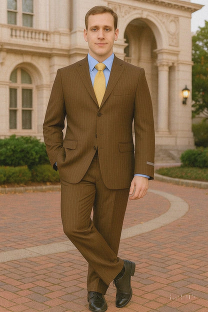 Brown Pinstripe Feel Poly-Rayon Three ~ 3 Buttons Style Suit Pleated Pants