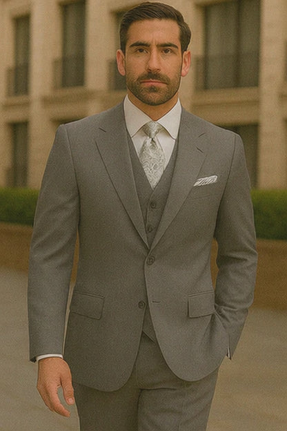 Three Button Suit - Classic Fit Pleated Pants - Mens Three Button Classic Fit Light Grey Vested Suit