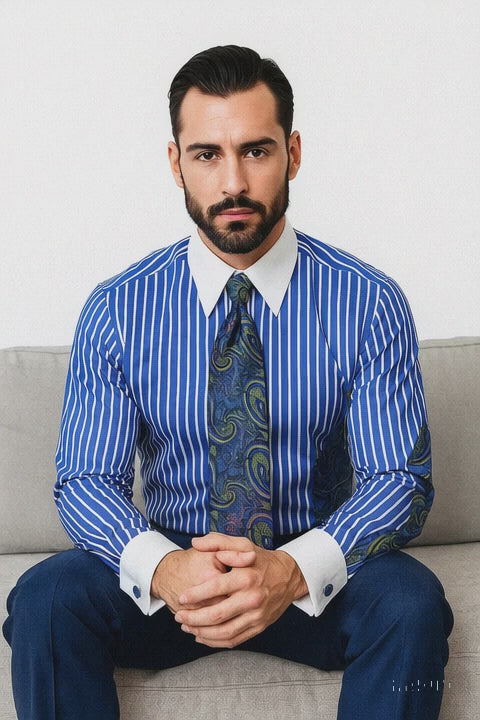 Royal Blue Stripe Colorful Men's Dress Shirt 