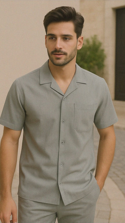 Mens Walking Suits Casual Two Piece Sets Summer Short Sleeve Shirt & Pants Casual Two Piece Mens Walking Outfit For Sale Pant Sets Casual Suit Set Men'S Suit 100% Mens Linen Suit - Fabric – Light Grey