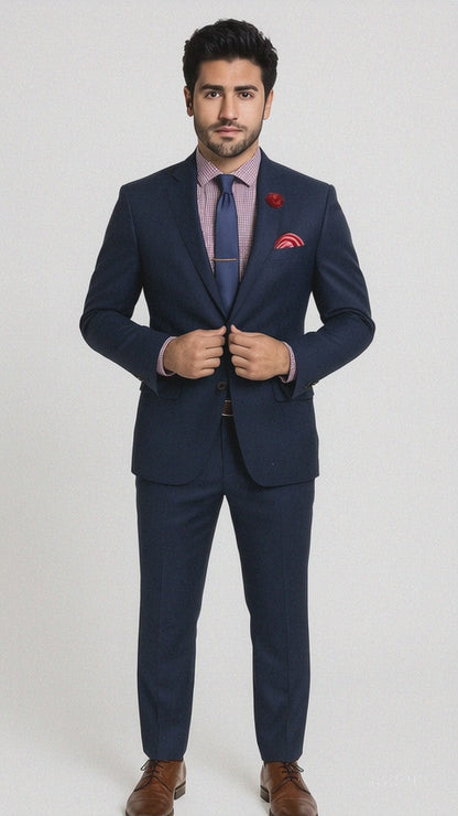 Vitali Brand Suits - Slim Fit 2 Button Sharkskin Textured Pattern Tapered Fit Suit With Vent Dark Blue Online Discount Fashion Sale