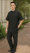 Men’s Black Banded Collar Walking Suit – Short Sleeve Shirt and Matching Pants Banded Collar Linen Fabric