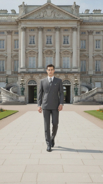 Mens Classic Wool Feel Double Breasted Suit in Heather Grey