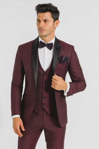 Mens One Button Shawl Lapel Suit Burgundy
