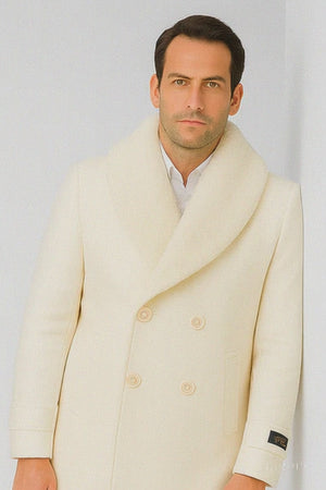 Men’s Ivory Double-Breasted Peacoat Overcoat with Faux Fur Shawl Collar – Alberto Nardoni Wool Collection