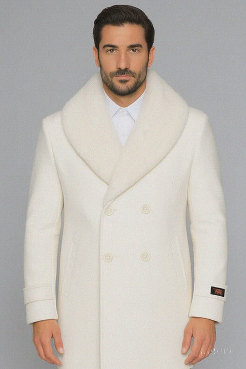 Men’s Off White Double-Breasted Peacoat Overcoat with Faux Fur Shawl Collar – Alberto Nardoni Wool Collection