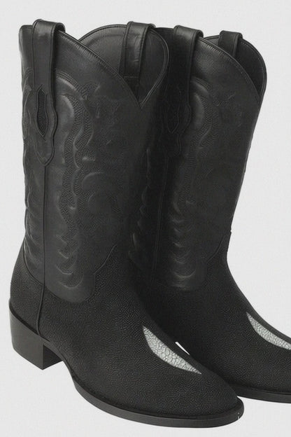 Los Altos Boots Single Stone Stingray R-Toe Black Cowboy Botas De Mantarraya - Mantarraya Boots