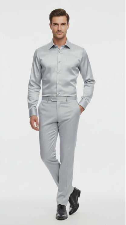 Men’s Silver Satin Dress Shirt  – Luxury Slim Fit Outfit for Parties, Weddings, and Formal Events