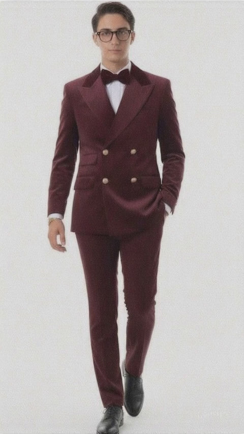 Velvet Suit - Double Breasted Suit - Burgundy Suit - Velvet Fabric Pants Slim Suit