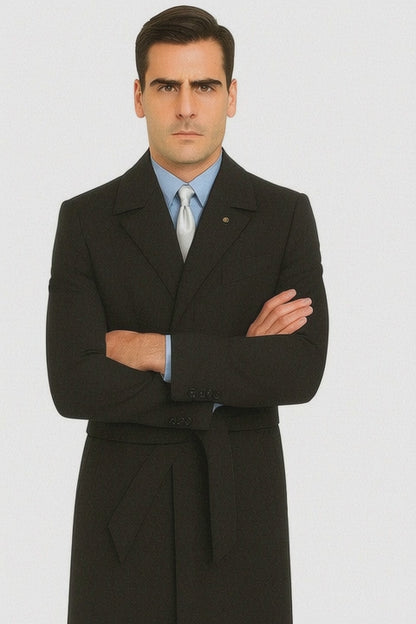 Men's Dress Coat Belted Very Dark Grey Almost Black Full Length Blend Long Men's Dress Topcoat -  Winter coat Very Dark Grey Almost Black Color - Men's Overcoat