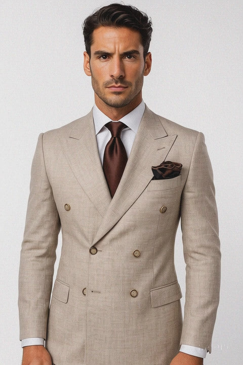 Suits With Baggy Pleated Pants - Wide Leg Pants 100% Wool - Classic Fit in Light Brown Color by Rossiman