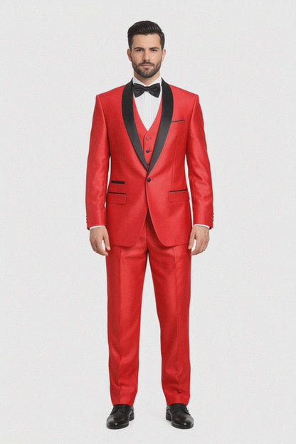 Red Shiny Tuxedo Vested Suit - Sateen Sharkskin Fabric Groom Suit