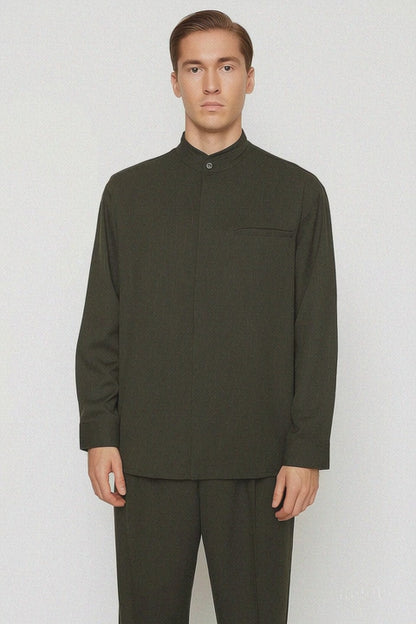 Mens Two Piece Walking Suit Solid Bend Collar Olive