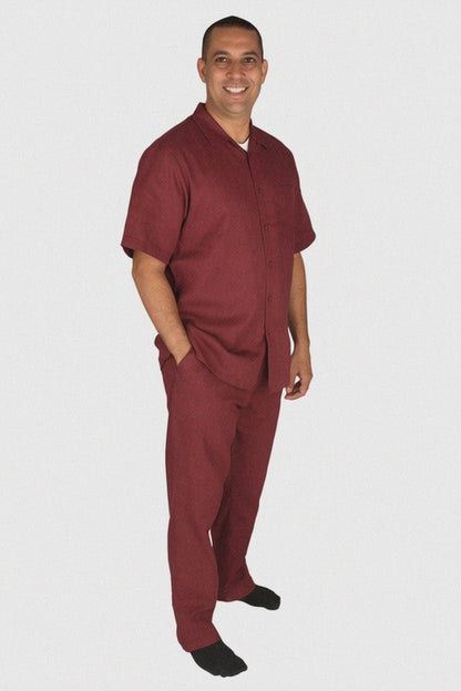 Men's 2 Piece Short Sleeve Casual Two Piece Mens Walking Outfit For Sale Pant Sets Set With Pleated Pants 100% Linen Shirt Wine