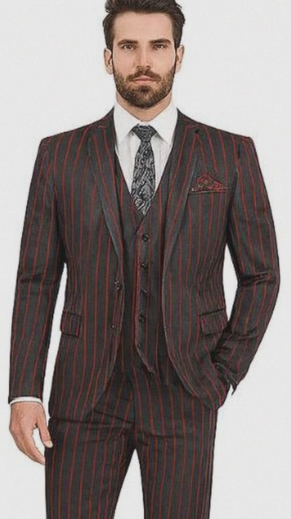 Bold Stripe 2 Button Vested Suit Black