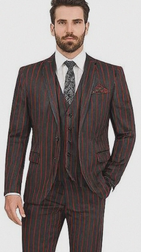 Bold Stripe 2 Button Vested Suit Black