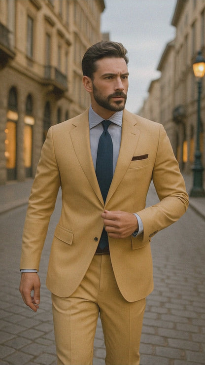 Men's Sand Linen Tapered Cutting Two Button Suit - Mens Linen Suit
