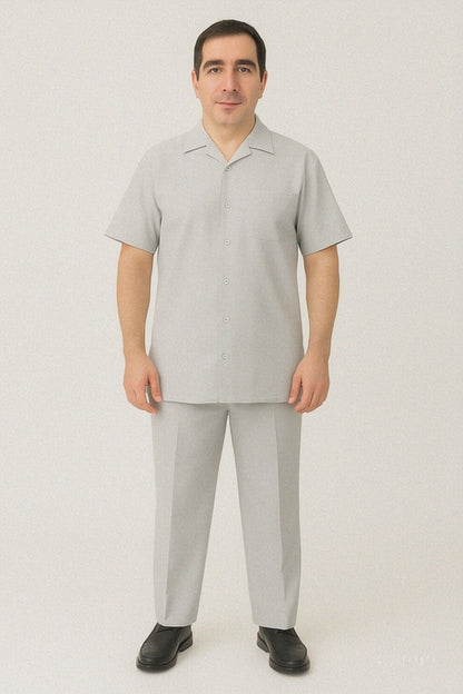 Men's 2 Piece Big Size Grey Linen Short Sleeve Casual Outfit Casual Two Piece Mens Walking Outfit For Sale Pant Sets Suit