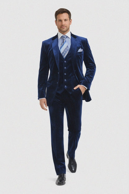 Men's Dark Navy velour Men's blazer Jacket 2 Button Velvet Fabric 3 Piece Vested  Side Vent Suit