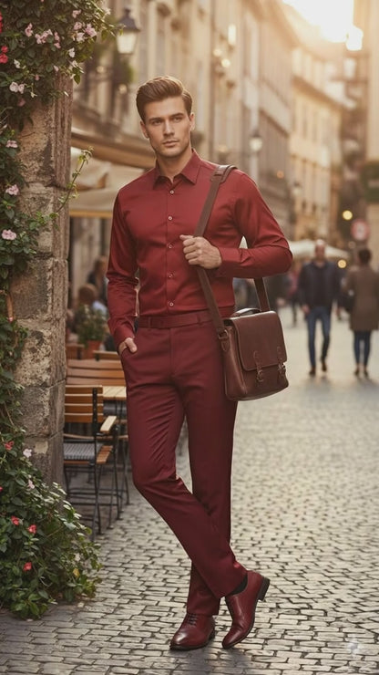 Men’s Red Satin Dress Shirt – Luxury Long Sleeve Formal Shirt for Parties, Weddings, and Business Wear