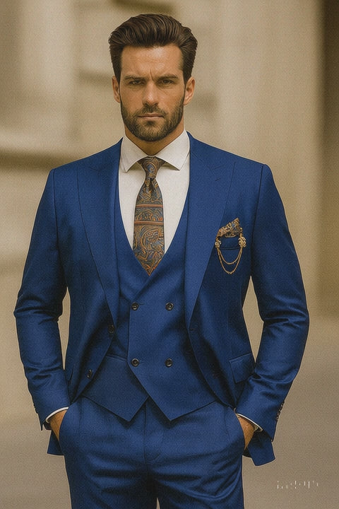 Men’s Designer Blue Suit with Vest and Pocket Chain – Stylish Attire