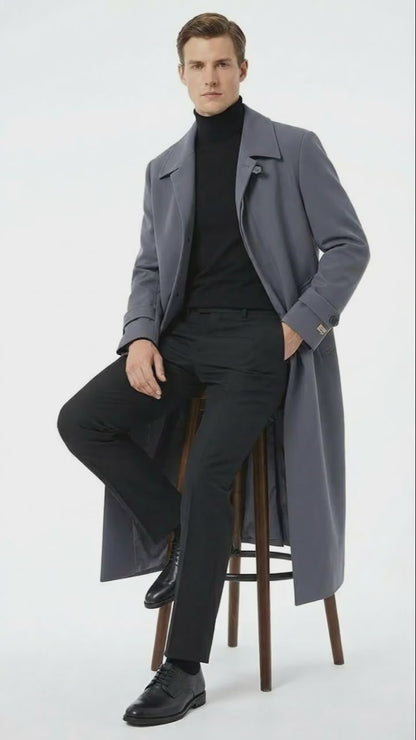 Men’s Full-Length Charcoal Grey Overcoat – Premium Microfiber Blend Long Dress Coat for Winter and Formal Wear in Gray Color