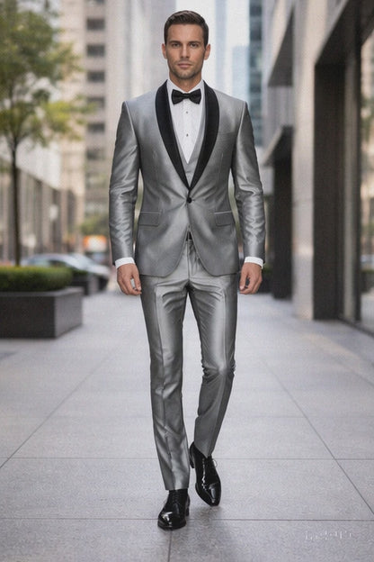 Silver Shiny Tuxedo Vested Suit - Sateen Sharkskin Fabric Groom Suit