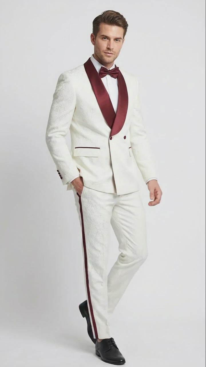 burgundy long prom dresses Men’s Ivory and Burgundy Jacquard Tuxedo Suit – Luxury Slim Fit 3-Piece Formal Wedding, Prom, and Gala Outfit in Cream Off White Color Ivory / 42