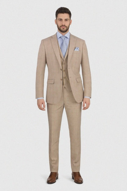 Glen Plaid Suit - Men's 3 Piece Slim Fit Suit - Beige Suit-  SV2W6