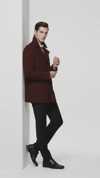 Men'S Designer Men'S Wool Men'S Peacoat Sale Wool Fabric Double Breasted Style Coat For Men Dark Burgundy