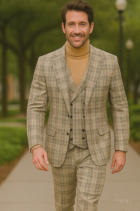 Burberry Pattern Suit - Mens Church Suit with Mixture of Black and Red Checkered Window Pane Fabric Suit in Tan Color