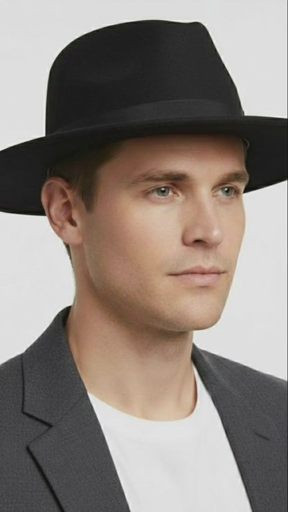 Men’s Black Wide Brim Fedora Hat – Classic Wool Felt Dress Hat with Matching Black Band