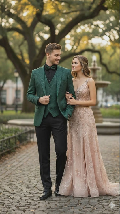 Men’s Emerald Green Paisley Tuxedo 3-Piece Suit – Slim Fit Formal Blazer, Vest, and Pants for Weddings, Proms