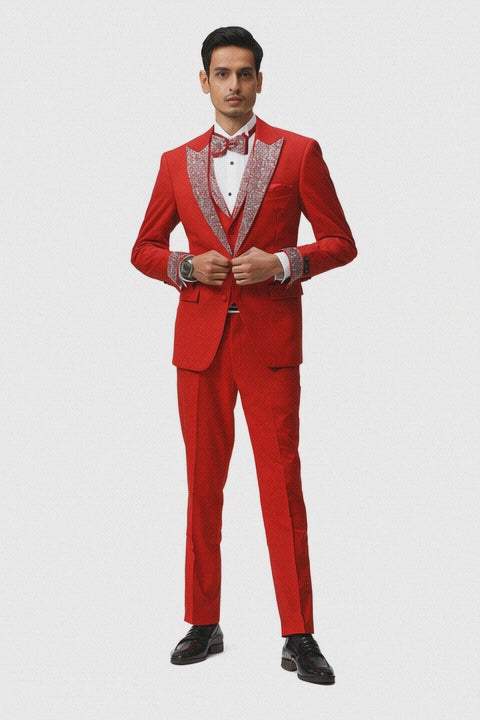 Men’s Red And White Lapel Three-Piece Tuxedo with Sequin Lapel and Matching Bow Tie - Chirstmas Suit