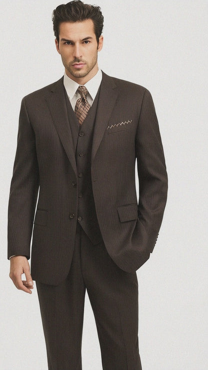 Classic Vested 3 Pieces 2 Button Dark Brown Stripe ~ Pinstripe Men's Suit  Discounted Sale