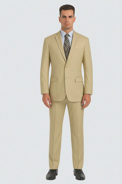 Mens Basic 2 Button Classic Fit Poplin Suit in Beige
